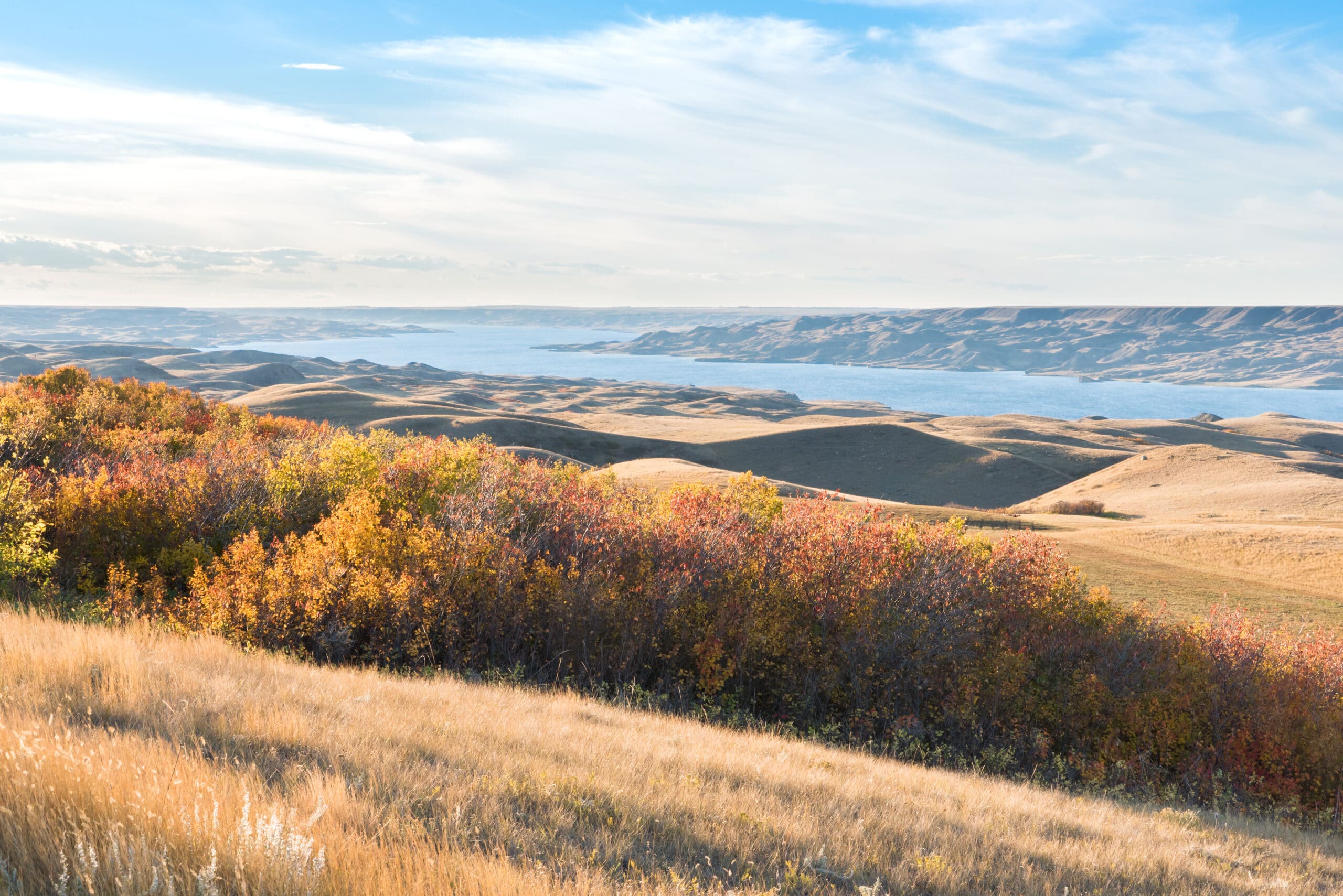 Sunset over autumn leaves on a hillside overlooking Lake Diefenbaker in the Saskatchewan Landing Provincial Park